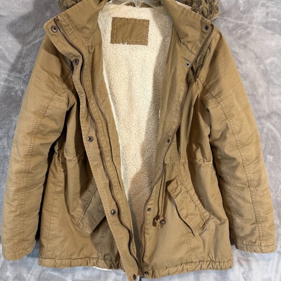Rue21 Tan Hooded Faux Fur Lined Jacket Parka Women’s Medium - Picture 7 of 10